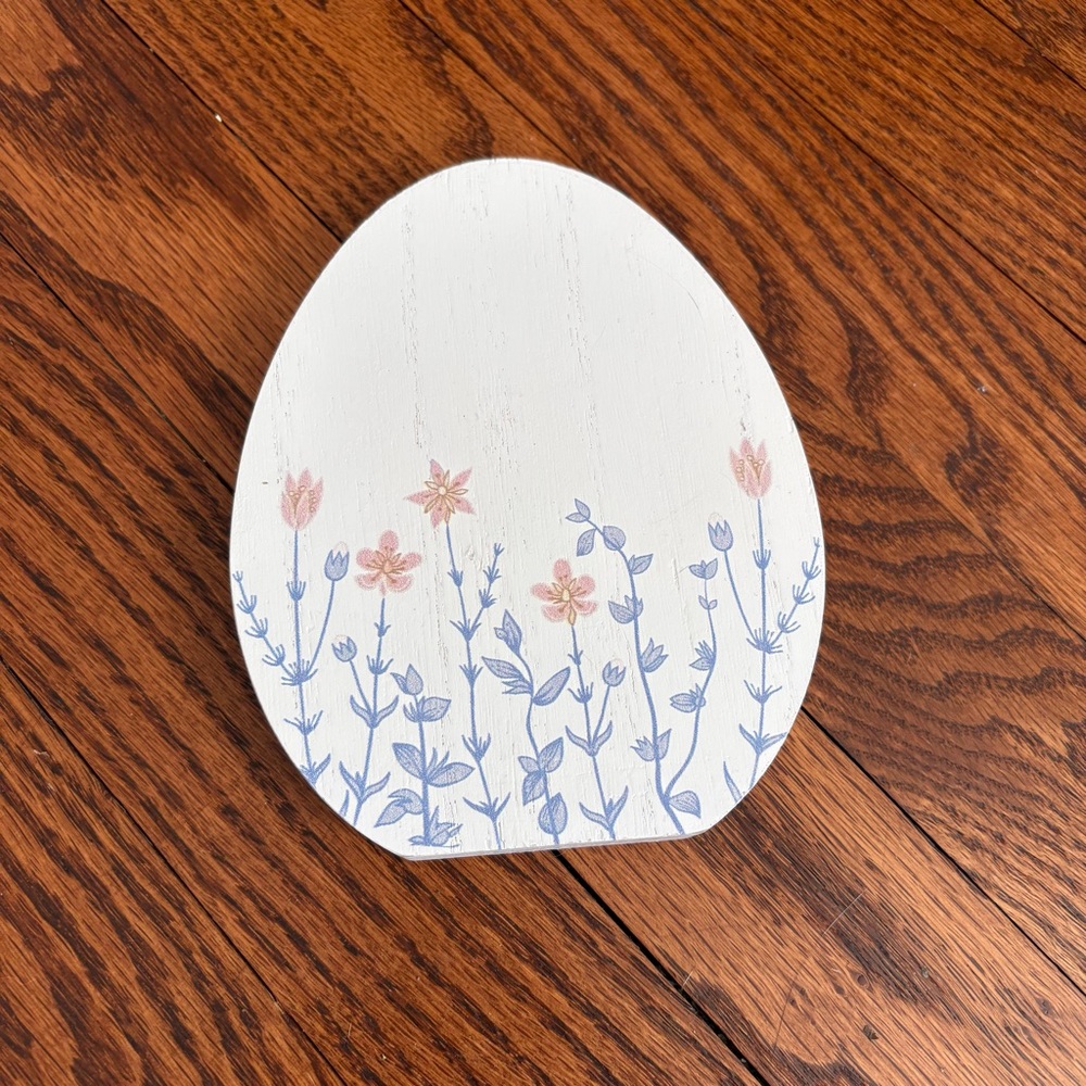 Floral Egg Wooden Holiday Table Decor - White with Blue and Pink Flowers